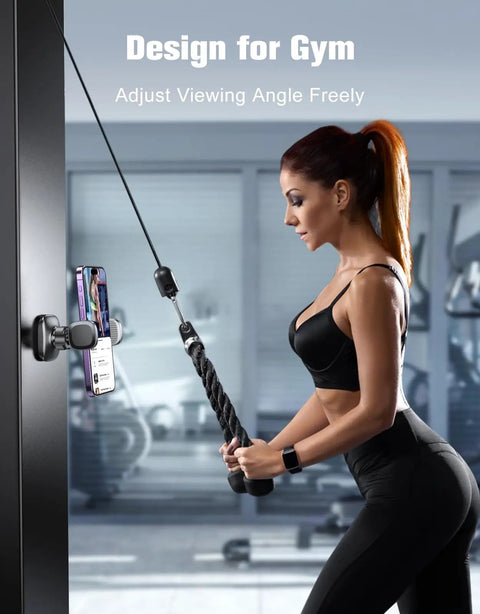 Magnetic Phone Holder For Gym And Metal Surfaces With 360 Degree Rotation, shown installed on gym equipment with a phone.
