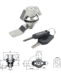 Heavy Duty Cabinet Cam Lock With Two Keys, Zinc Alloy Cylinder Lock for cabinets, brushed silver finish, with technical diagrams