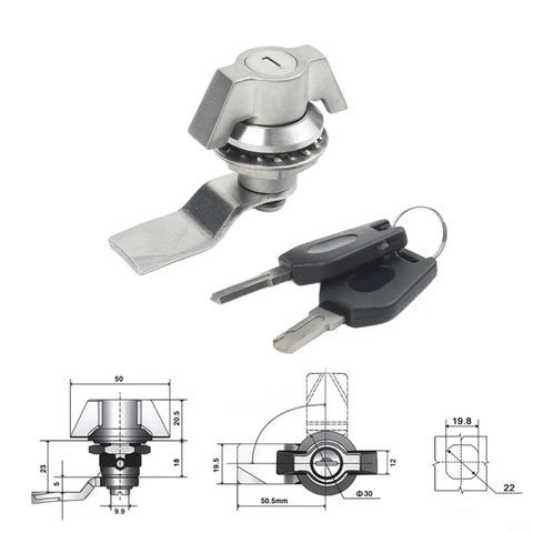 Heavy Duty Cabinet Cam Lock With Two Keys, Zinc Alloy Cylinder Lock for cabinets, brushed silver finish, with technical diagrams