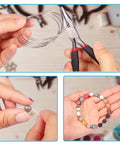All In One Jewelry Making Kit With Pliers, Findings, Beading Wires And Repair Tools For Adults And Beginners, Easy Do It Yourself Jewelry Crafting Set Includes Accessories, showing hands using pliers, wire, and beads for bracelet.