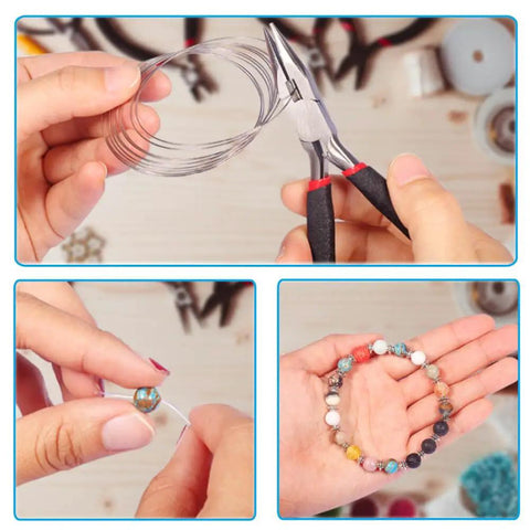All In One Jewelry Making Kit With Pliers, Findings, Beading Wires And Repair Tools For Adults And Beginners, Easy Do It Yourself Jewelry Crafting Set Includes Accessories, showing hands using pliers, wire, and beads for bracelet.