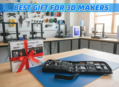 68-piece 3D printer tool kit in black roll-up case on desk.