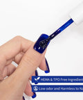 Applying Navy Blue Gel Nail Polish Soak Off 0.5 Fl Oz UV LED Safe For Sensitive Skin HEMA Free TPO Free Non Toxic Formula
