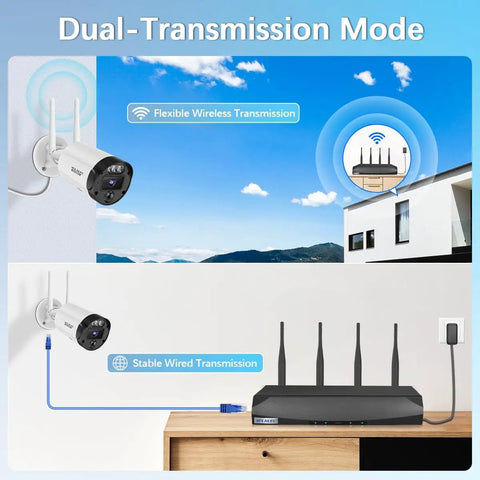 Dual transmission mode of outdoor wireless security camera system with 90 day storage no fuss home surveillance setup 3TB drive