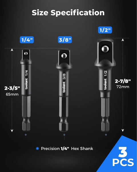 Impact Socket Adapter Set Three Piece For One Quarter, Three Eighths, And One Half Inch Drives Size Specifications