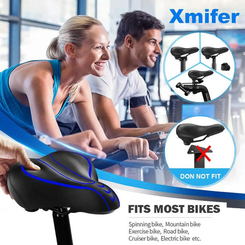 Oversized Comfy Bike Seat With Extra Padding And Memory Foam For Men And Women Universal Replacement Bicycle Saddle Waterproof Leather Blue Tailbone Relief shown in gym setting