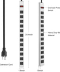 Metal 12 Outlet Power Strip With Surge Protector 1200J, showing dimensions and features like overload protection switch and 10 ft cord.