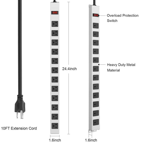 Metal 12 Outlet Power Strip With Surge Protector 1200J, showing dimensions and features like overload protection switch and 10 ft cord.