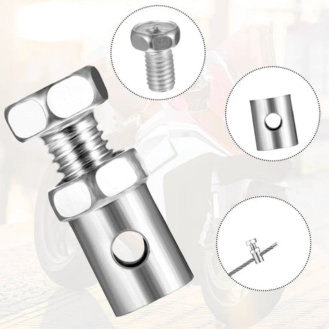 Close-up of Universal Throttle Cable Ends Kit with twenty durable stainless steel one eighth inch stops and crimp clamps for repair