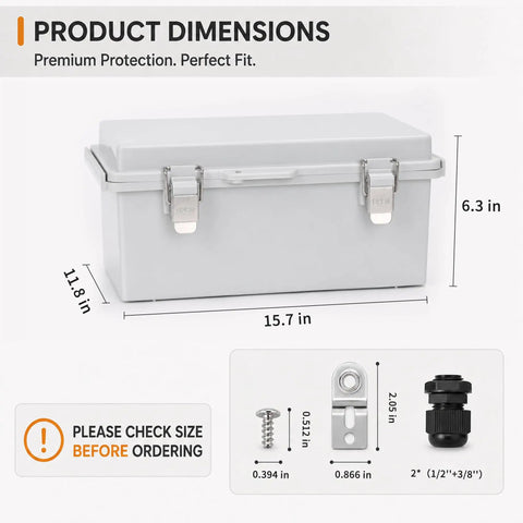 Super Heavy Duty IP67 Waterproof Junction Box With Secure Hinged Lid And Multiple Cable Glands Outdoor Electrical Enclosure dimensions 15.7x11.8x6.3 inches.