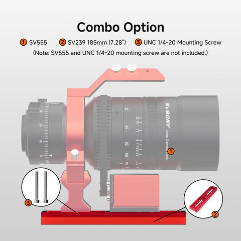 Diagram of Go To Dual Sided Dovetail Mount Plate 185mm For SV555 APO Compatible With Vixen Synta And Arca Swiss Mounts setup