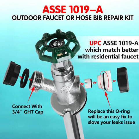 ASSE 1019-A Vacuum Breaker Repair Kit For Outdoor Faucets, Coarse Thread, showing components and installation steps.