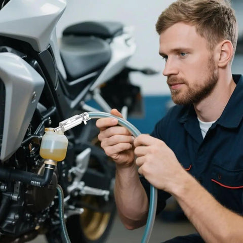Mechanic using Brake Bleeder Hose Kit For Cars And Motorcycles With One Way Check Valve Tube Bleeding Tool on motorcycle