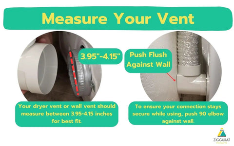 Instructions for using 90 Degree Dryer Vent Hose Connector Kit For Tight Spaces with 90° elbow and fit for 3.95 to 4.15 inch ducts