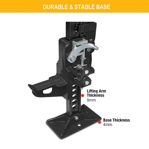 Heavy Duty Farm Jack 60 Inch Utility Lifting Tool close-up on lifting arm and base thickness measurements for durability