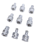 Professional 3/4 Inch Drive Impact Hex Driver Set With CrMo Steel Spline Bits And Heavy Duty Socket Kit showing 9 steel spline sockets.