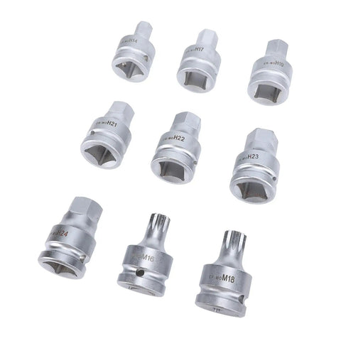 Professional 3/4 Inch Drive Impact Hex Driver Set With CrMo Steel Spline Bits And Heavy Duty Socket Kit showing 9 steel spline sockets.