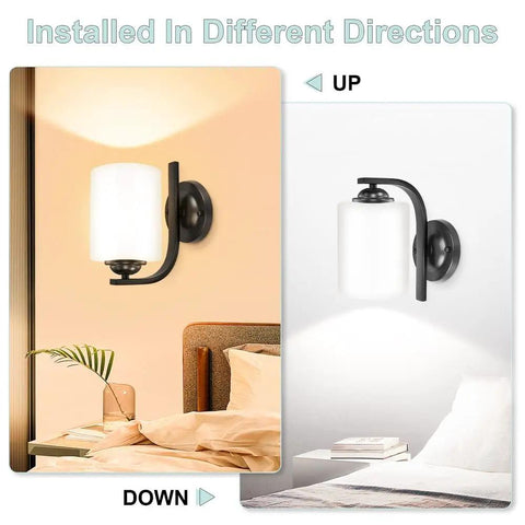 Dope Matte Black Wall Sconce With Milky White Glass Shade, shown in up and down installations, next to a bed and books.