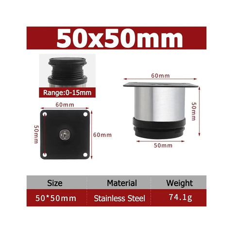Beefy Adjustable Stainless Steel Furniture Feet Kit For 1 To 4 Pieces Height 50 To 500mm diagram and dimensions.
