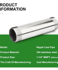Stainless Steel 1-1/4 Inch NPT Male To 1-1/4 Inch NPT Male Nipple Pipe 8 Inch Length 304 Stainless Corrosion Resistant Pipe
