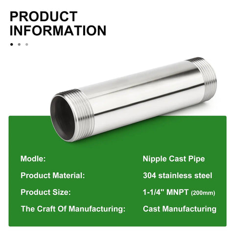 Stainless Steel 1-1/4 Inch NPT Male To 1-1/4 Inch NPT Male Nipple Pipe 8 Inch Length 304 Stainless Corrosion Resistant Pipe