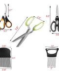 5-piece kitchen scissors set with green-handled herb scissors, seafood shears, onion slicer, and potato crinkle cutter