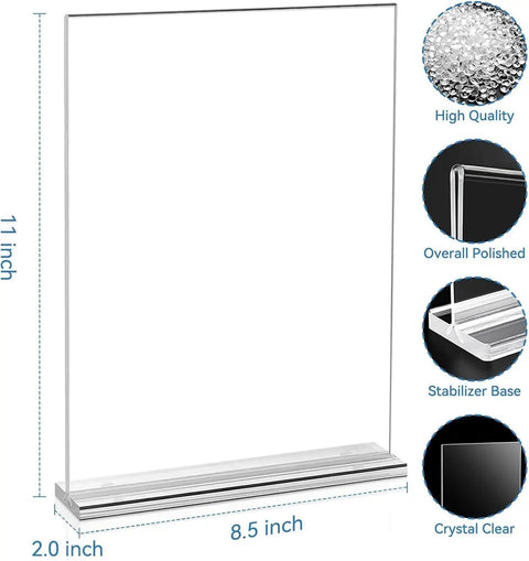 Crystal Clear 8.5 By 11 Inch Acrylic Sign Holder Set, 10 Pack, Double Sided, Stand Up Tabletop Display with stabilizer base.