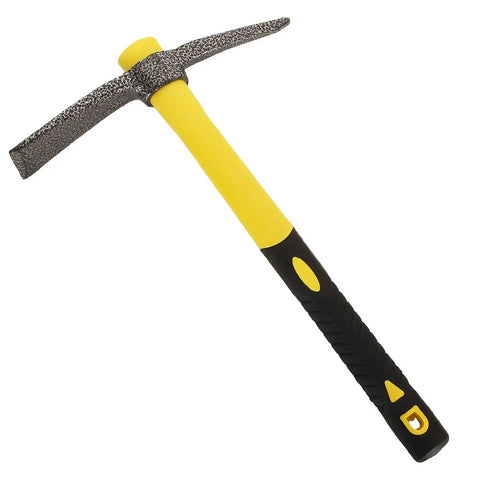 Yellow and black Weeding Mattock Hoe 15 Inch Forged Garden Pick Axe With Fiberglass Handle Long Reach Tool for yard work.
