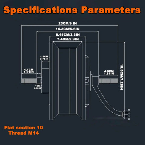Beefy 3500W 11-Inch Hub Motor specifications diagram with dimensions for electric scooters and e-bikes, off-road ready.