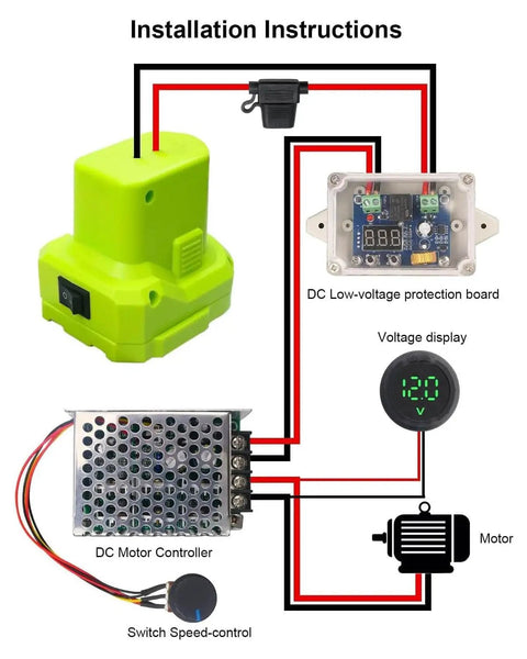 Installation diagram for Power Wheel Battery Adapter For Ryobi 18V One Plus Upgrade Inverter Adapter with switch and LV protection.