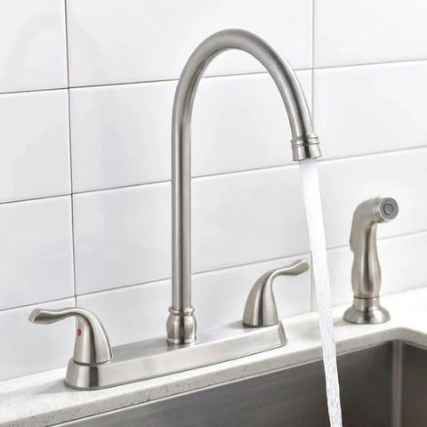 High Arc Kitchen Faucet With Side Sprayer 13 Inch Tall Spout 360 Degree Rotating Two Handle 8 Inch Centerset Brushed Nickel Finish