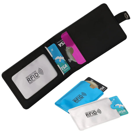Open RFID wallet showing 16 Piece RFID Blocking Sleeve Set With 12 Colorful Credit Card Protectors And 4 Passport Holders and cards.