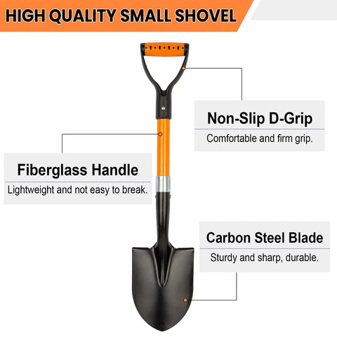 All Around Mini Garden Shovel 28 Inch D Handle Kid Friendly Beach And Garden Tool Lightweight Digging Spade for Transplanting Fertilizing Leaf Cleanup Great for Adults and Little Helpers with non-slip grip, fiberglass handle, carbon steel blade.