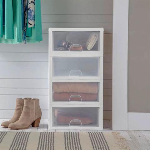 Front view of 6 Pack 16 Quart Stacking Storage Drawers For Closet Organization, Clear Plastic Modular Drawers With White Frame