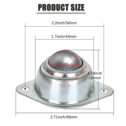 20 Pack 1 Inch Heavy Duty Carbon Steel Roller Ball Transfer Bearings Flange Mount 360 Universal Caster Swivel Wheels 400 Lb Capacity For Conveyor Belt Systems Built Tough And Ready To Roll size measurements showing diameter and dimensions.