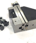 Hella Sturdy Mini Vertical Slide With A Sweet 2 Inch Steel Vice And Quick Milling Attachment For Small Bench Lathes, showing vertical slide and two attachments.