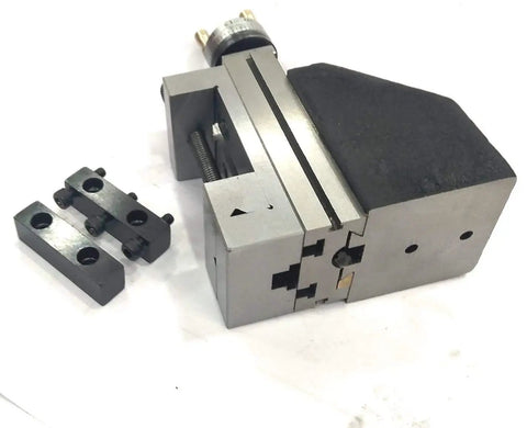 Hella Sturdy Mini Vertical Slide With A Sweet 2 Inch Steel Vice And Quick Milling Attachment For Small Bench Lathes, showing vertical slide and two attachments.