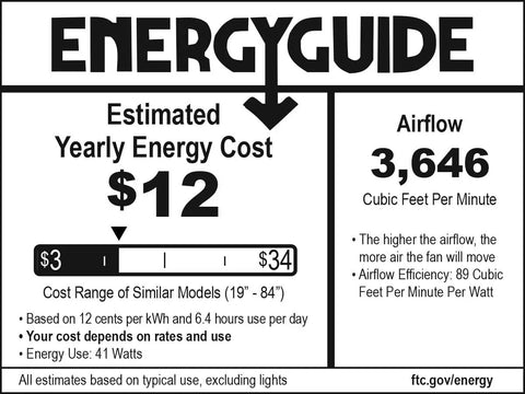 Energy guide label for Contractor 52 Inch Ceiling Fan With Oil Rubbed Bronze Finish And Reversible Maple Or Dark Walnut Blades, Traditional Style, UL Listed For Dry Locations, No Light Included, Durable Bronze Motor, Great For Workshops, Patios, And Living Spaces, showing estimated yearly energy cost and airflow details.