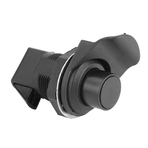 Close-up of Five Piece Push Button Boat Door Latch Set, Black Plastic Glove Box Release Lock with Spring Pop Button Mechanism