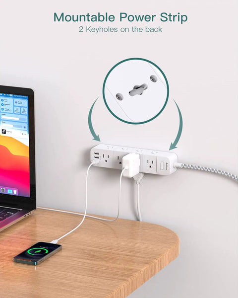 Surge Protector Power Strip With Twelve Outlets And Three USB Ports, Five Foot Extension Cord, Flat Plug, Wall Mount, ETL Listed, Space Saving Outlet Extender For Dorm, Home Office Or Workshop