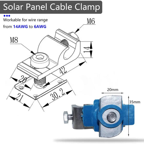 No Sweat Solar Panel Grounding Lug With Bolt On Cable Clamp and Heavy Duty Nuts for C Channel Steel Guide Rail dimensions and design.