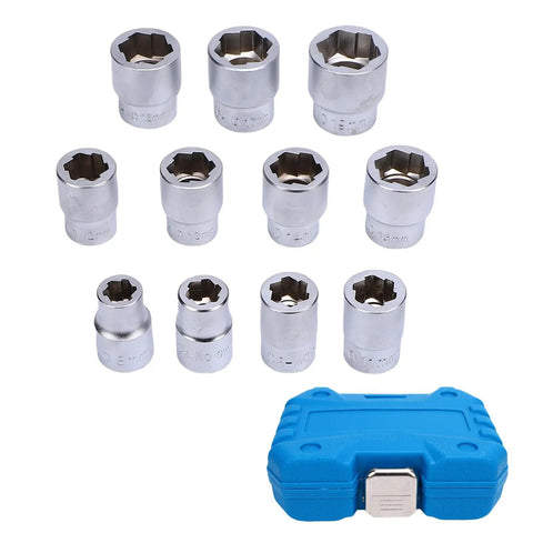 Eleven Piece Three Eighths Inch Drive Impact Extraction Socket Set For Damaged Rusted Rounded Bolts Nuts And Screws with storage case
