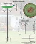 Dimensions of Durable 10 Inch Standing Metal Bird Bath With Stake Outdoor Garden Feeder Bowl Vintage Green Yard Decor visible.