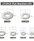Front diagram of 275-piece thickened 304 stainless steel flat washer set showing sizes 1/2, 3/8, 1/4, 5/16, #10, #8