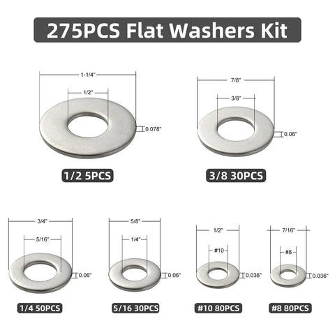 Front diagram of 275-piece thickened 304 stainless steel flat washer set showing sizes 1/2, 3/8, 1/4, 5/16, #10, #8