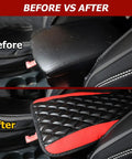 Before and After image of Fresh Fit Car Center Console Pad Red Waterproof Auto Interior Glow Up Heavy Duty PU Leather Armrest Cover.