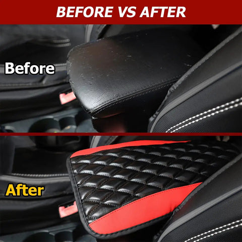 Before and After image of Fresh Fit Car Center Console Pad Red Waterproof Auto Interior Glow Up Heavy Duty PU Leather Armrest Cover.