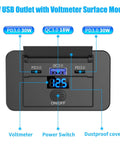 Two Pack 12V USB Outlet Panel With Real Time Voltmeter And Dual USB C Fast Charging showing voltmeter and power switch.