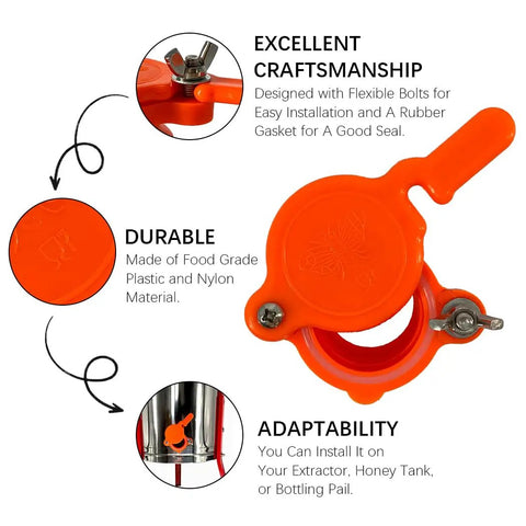 Close-up of two pack honey gate valve for extractors, durable nylon tap, food grade beekeeping gear, easy install, no leaks, threaded barrel fits hole