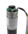Super Sleek DC Geared Motor With Hall Encoder Runs On 12v Or 24v Power featuring a metallic housing and wiring for robotics use.